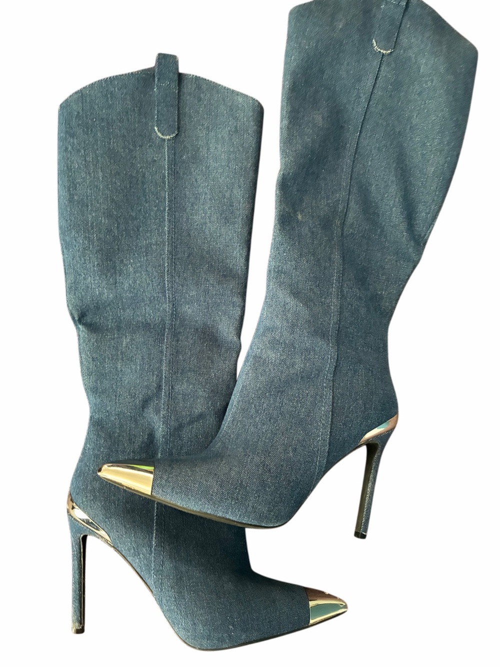 JustFab Denim Knee-High Stiletto Boots with silver accents